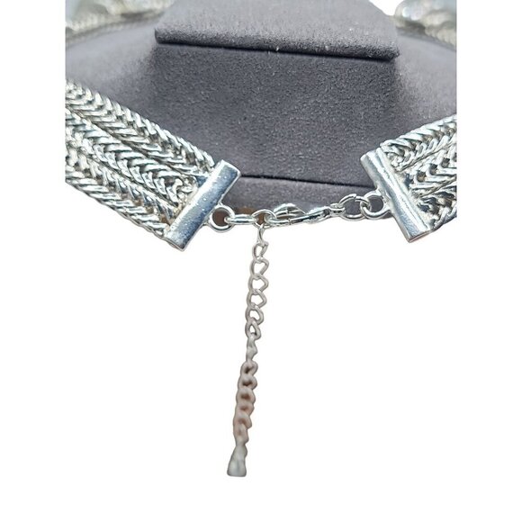 Silver Tone Mesh Collar Necklace Rhinestone Studded Woven 18" Chain - Picture 11 of 15